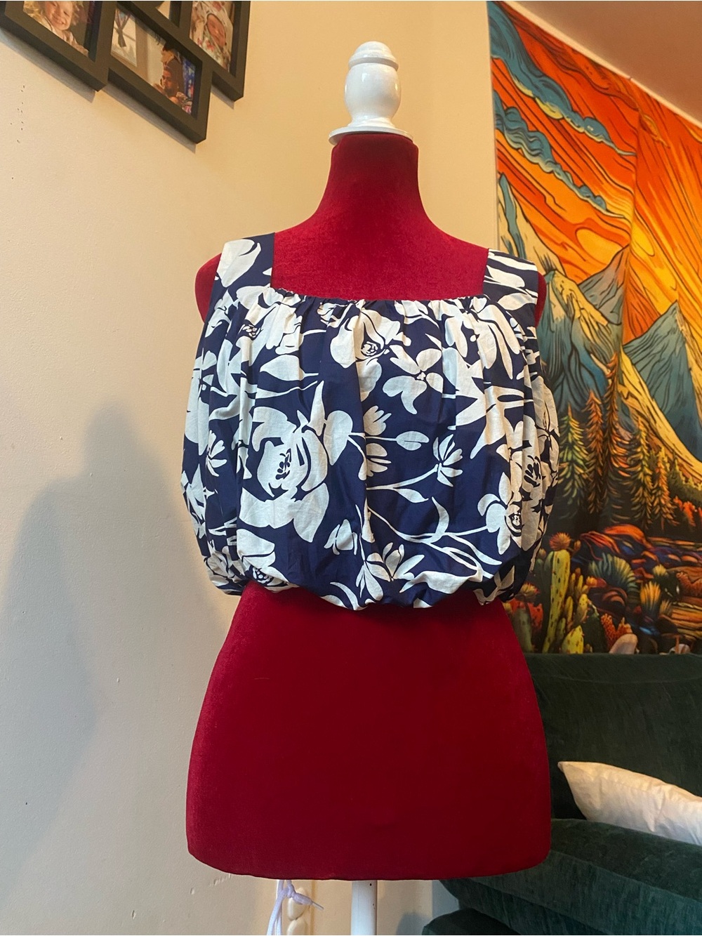 a new day Navy and White Floral Square-Neck Crop Top